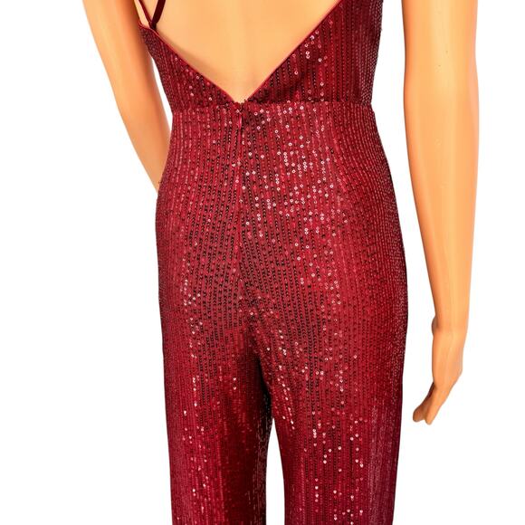 Lulus Wine Red Sequin Wide Leg Jumpsuit Size M Crisscross Open Back Sleeveless - Picture 9 of 16